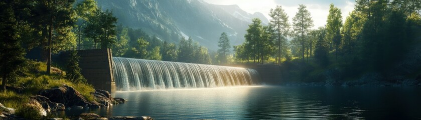 Fototapeta premium A serene landscape featuring a dam with a cascading waterfall, surrounded by lush greenery and mountains, reflecting the calming beauty of nature