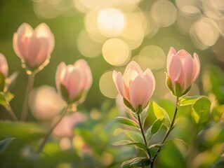 Obraz premium Soft Pink Magnolia Blossoms with Bokeh Background in Golden Hour Light