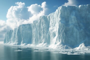 Fototapeta premium A stunning view of towering icebergs against a serene sky, reflecting on calm waters, showcasing the beauty of polar landscapes