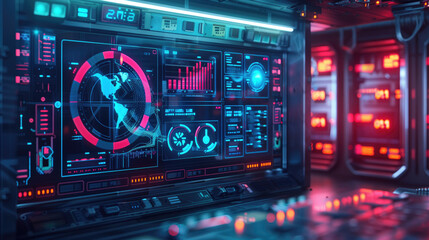 Futuristic control room with digital screens displaying global data and analytics in a high-tech environment. Concepts of advanced technology, data analysis, and global communication.