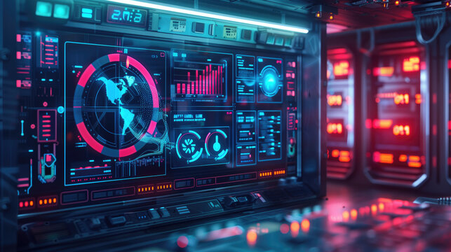 Futuristic control room with digital screens displaying global data and analytics in a high-tech environment. Concepts of advanced technology, data analysis, and global communication.