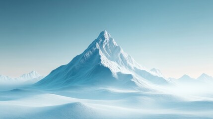 A majestic snow-capped mountain rises above a serene, icy landscape, bathed in soft blue hues, creating a tranquil and breathtaking winter scene