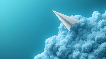 A paper airplane soaring above fluffy clouds in a blue sky.