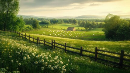 Fototapeta premium Picturesque Rural Landscape with Sheep Grazing in a Green Meadow at Sunset