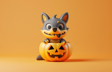 Illustration of a lovely wolf inside a pumpkin with orange background for halloween