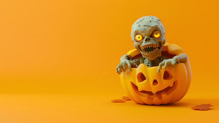 Illustration of a terrifying zombie inside a pumpkin with orange background for halloween