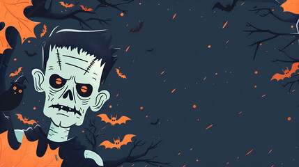 Illustration of Frankenstein surrounded by bats with copy space for halloween