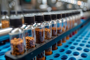 Laboratory Vials with Various Samples on a Conveyor Belt - Quality Control in Food Testing