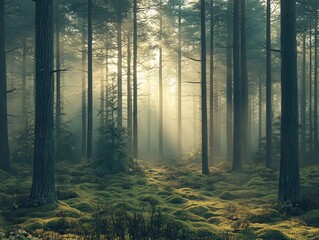 Obraz premium Sunbeams Through Misty Forest Trees, Woodland Scene, Green Moss, Nature Background.