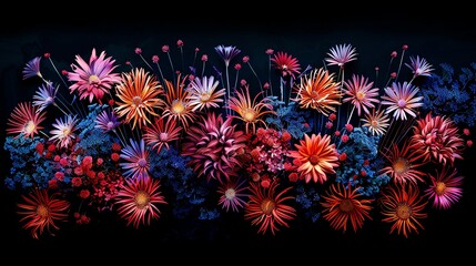 Vibrant, colorful flowers bloom in a dark, mysterious background, creating a stunning floral arrangement.