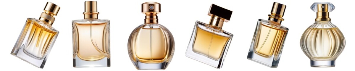 A collection of luxury perfume bottles in various shapes cut out transparent isolated on white background PNG