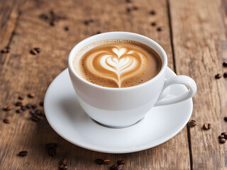 Cup of coffee latte with heart shape and coffee beans on old wooden background