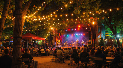 Crowd enjoying live music concert at night under string lights in an outdoor venue. Lifestyle. Entertainment and music festival concept. Website, banner, poster, advertising