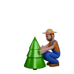 Professional 3D Agricultural Farmer. A farmer is checking or tending to a small pine tree. Male