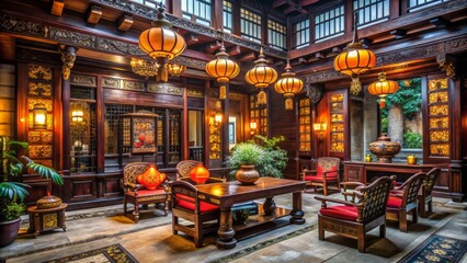 Traditional Chinese home interior with ornate wooden furniture, vibrant lanterns, and elaborate decorations, evoking warmth and cultural heritage in a cozy atmosphere.