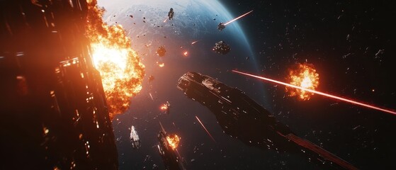 Futuristic Spaceship Battle in Space with Explosions and Laser Beams.