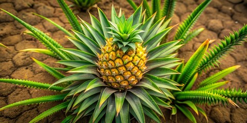 Fototapeta premium Top-down view of a healthy pineapple plant surrounded by sparse green weeds on loose, sandy organic farm ground with natural texture and rustic tones.