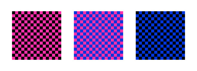 Checkered colorful Y2K seamless patterns set. Vector abstract retro minimal backgrounds