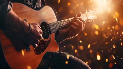 Obraz premium Person strumming an acoustic guitar surrounded by warm, glowing bokeh lights, creating a moody and atmospheric scene.