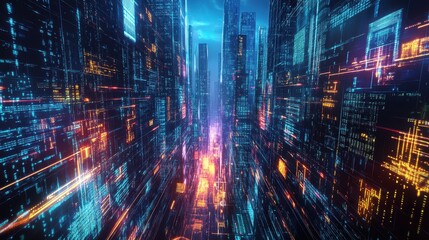 Fototapeta premium Futuristic Cityscape with Neon Lights and Digital Code - Cyberpunk Art.