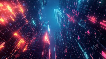 Futuristic Neon Cityscape - Abstract Cyberpunk Architecture with Bright Glowing Lines.