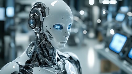 Fototapeta premium Futuristic Robot with Glowing Blue Eyes in a Technological Setting.