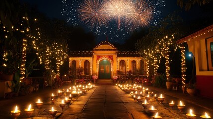 Festive Building Decorated with Lights and Firework Display During Diwali Celebration.