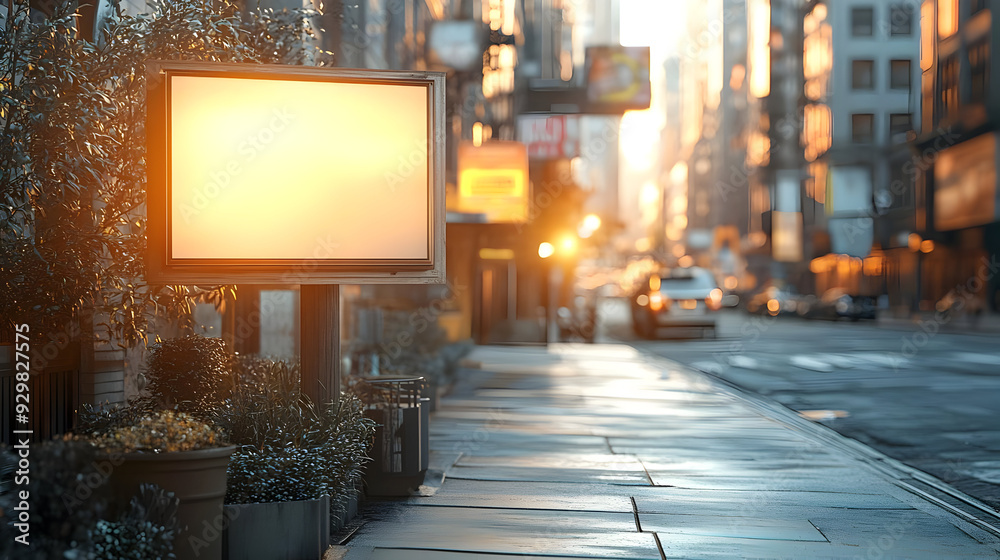 Sticker A quiet urban street at sunset with an empty billboard.