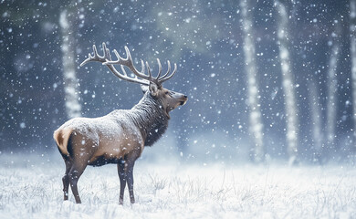 Majestic Elk Standing Tall in the Snowy Forest Amidst Gently Falling Snow Capturing Silent Strength and Solitude as Nature’s Noble Presence in the Frozen Wilderness of a Serene Winter Landscape