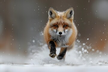Fototapeta premium Red Fox Running through Snow - Wildlife Photography, Winter Nature Scene, Animal Behavior