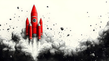 A red rocket launching through clouds and debris into space.