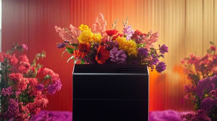 A sleek podium featuring a built-in sound system, complemented by a vibrant bouquet of flowers on...