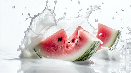 Fototapeta premium Fresh watermelon slices splashing into a pool of white milk with dramatic liquid droplets on a clean white background.