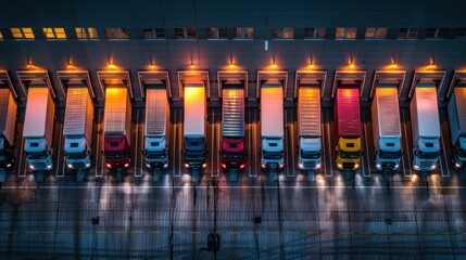 Fototapeta premium photograph of row of trucks parked in front of warehouse factory building. AI generated 