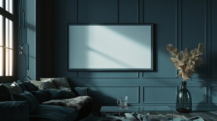 An empty black wood frame mockup hangs on a dark teal wall in a modern living room with a couch, coffee table, and vase