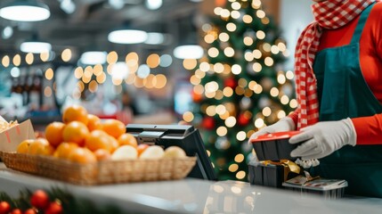 A festive display of a cashier handling gifts with a Christmas tree and fruit basket in a cozy, holiday-themed store.