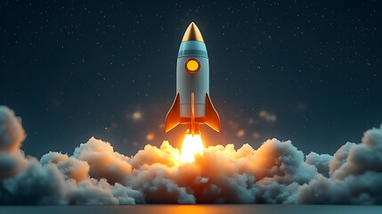 Fototapeta premium A rocket launching through clouds into the night sky.