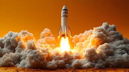 A rocket launching through clouds, symbolizing space exploration.