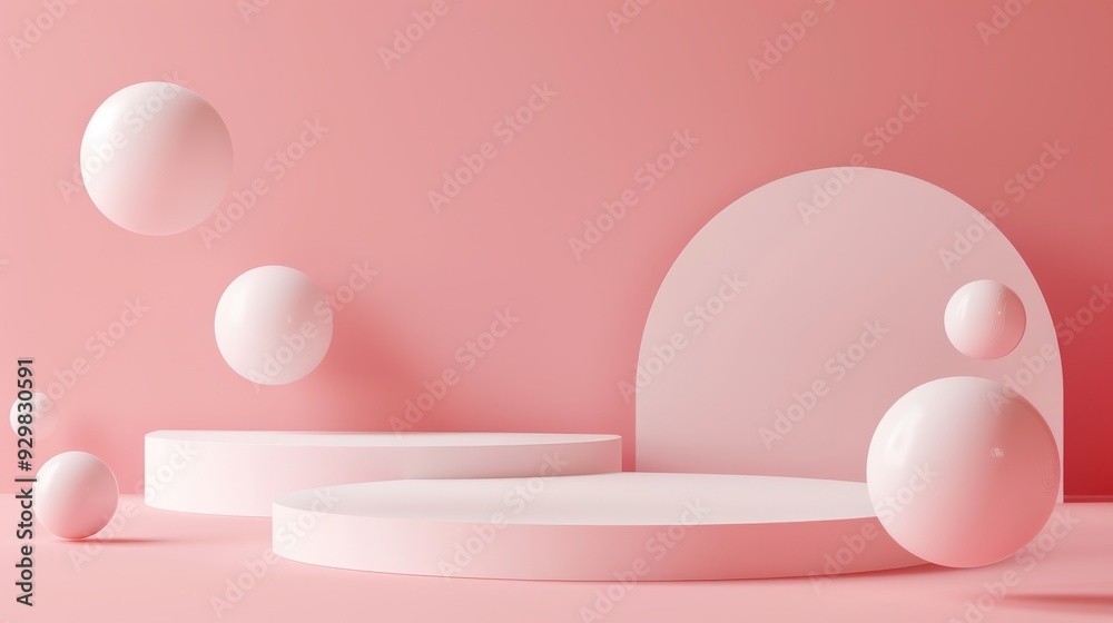 Aufkleber simple arrangement of floating spheres and circular shapes set against a light pink background, crea