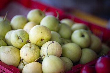 Asian pears in a basket at market.