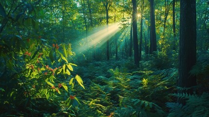 Obraz premium Sunlight filtering through the trees in a lush forest