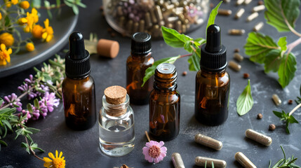Natural homeopathic remedies for illness, including herbal supplements, essential oils, and organic ingredients, symbolizing a holistic approach to health and wellness