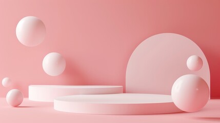Simple arrangement of floating spheres and circular shapes set against a light pink background, creating a serene and modern aesthetic