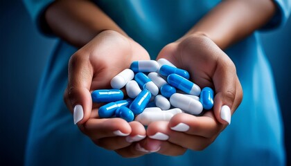Close-up of a woman holding assorted blue and white pills in her hands, symbol Illustration