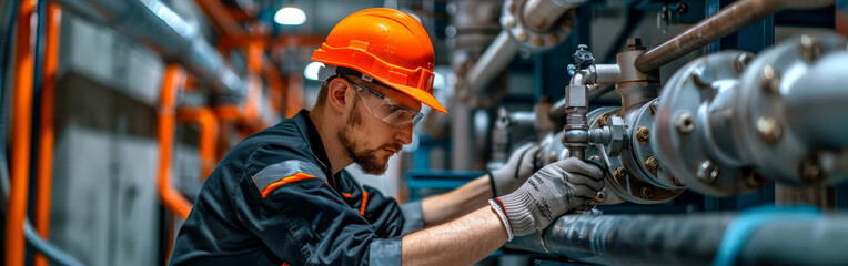 An engineer wearing safety gear is working on a water purification system in a factory setting