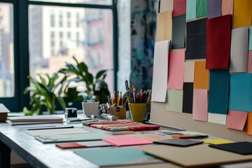 A creative agency workspace with a large mood board covered in fabric swatches, color samples, and sketches