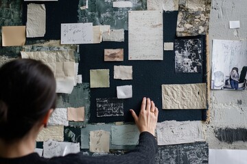 A creative team collaborating on a mood board with various textures, images, and design notes pinned up