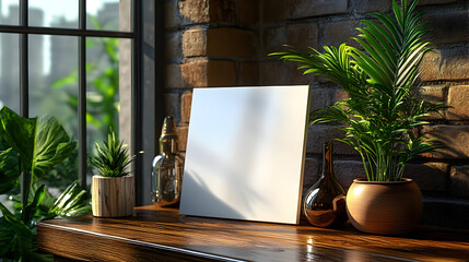 Fototapeta premium A serene indoor scene with plants and a blank canvas.