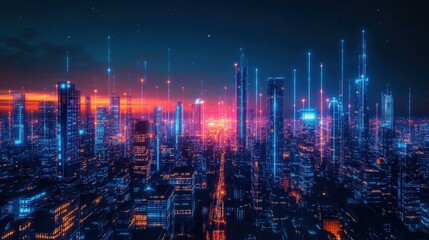 A futuristic smart city skyline at night, with illuminated buildings, advanced transportation systems