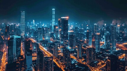 A futuristic smart city skyline at night, with illuminated buildings, advanced transportation systems